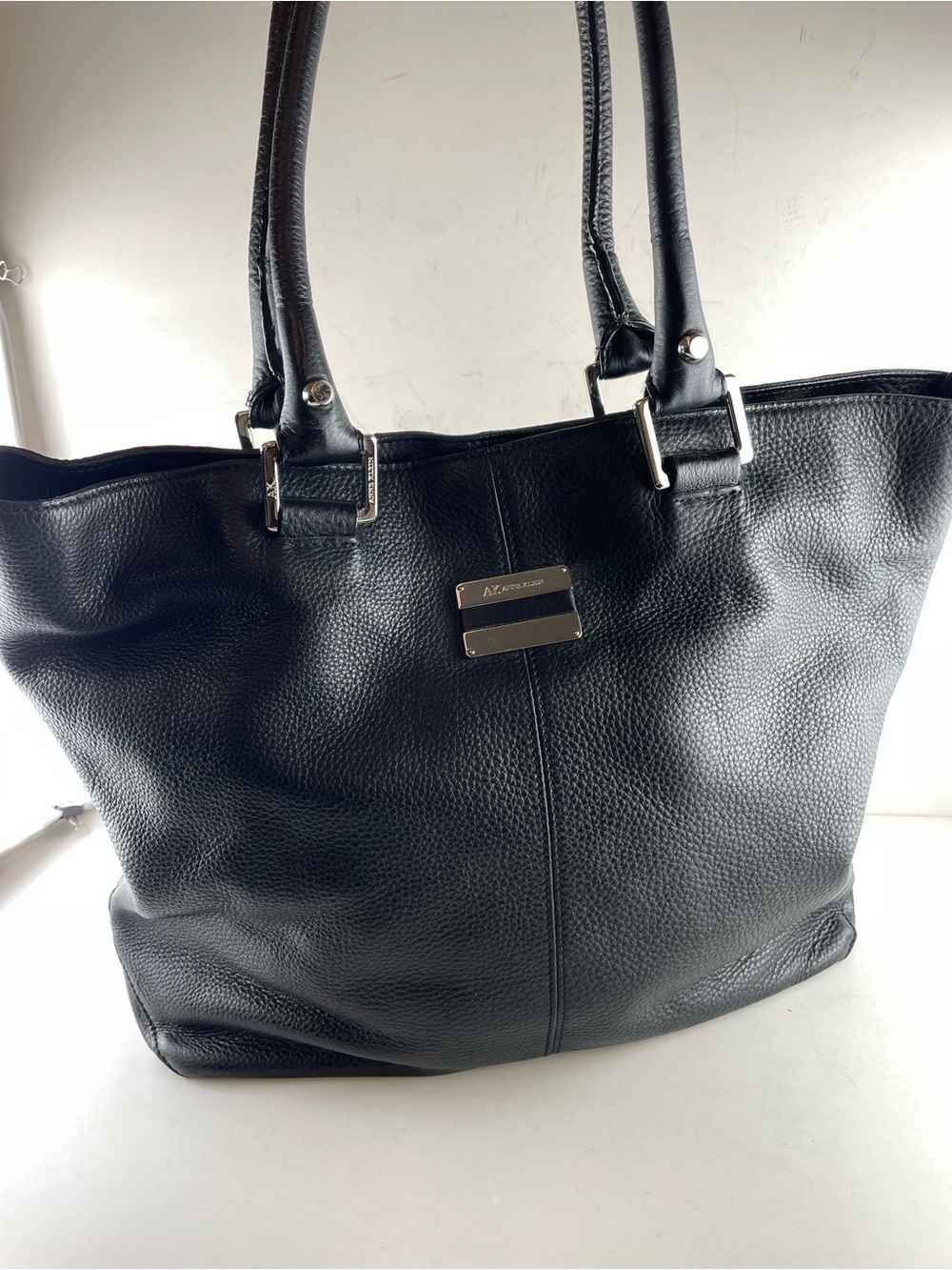 AK Anne Klein Black Pebbled Leather Tote | Large Shoulder Bag Silver Hardware
